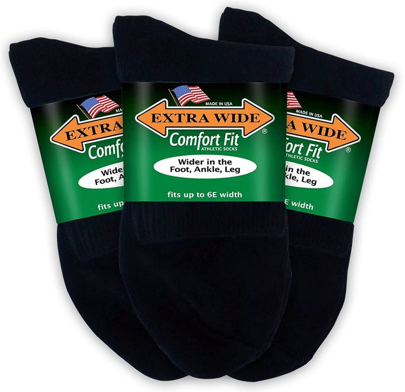 Extra Wide Comfort Fit Athletic Quarter Socks (Pack of 3) Fits Up to a 6E Width, Made in USA (X-Large, Black) - Image 1